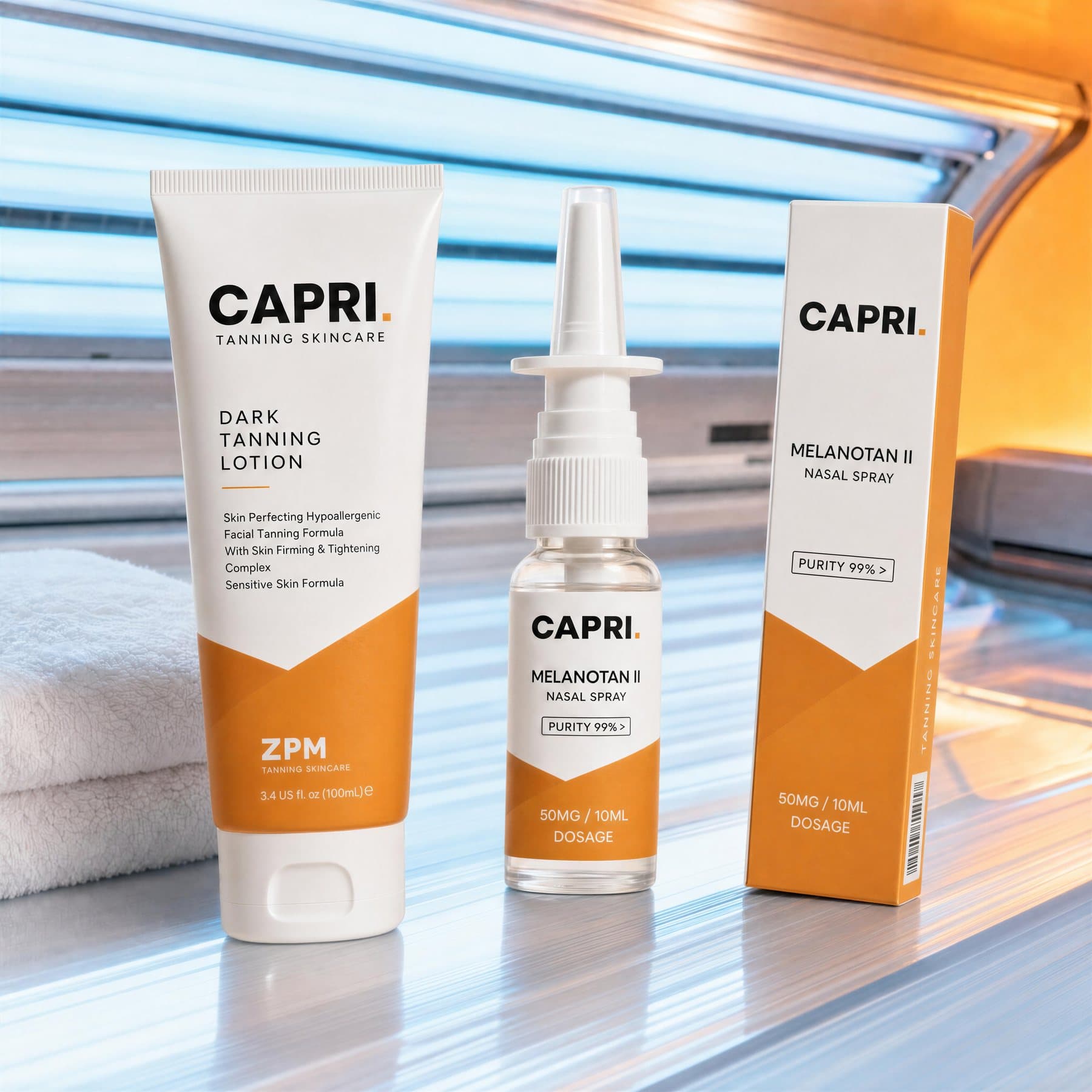 Capri Glow Accelerator tube and Nasal Spray bottle on a sunbed