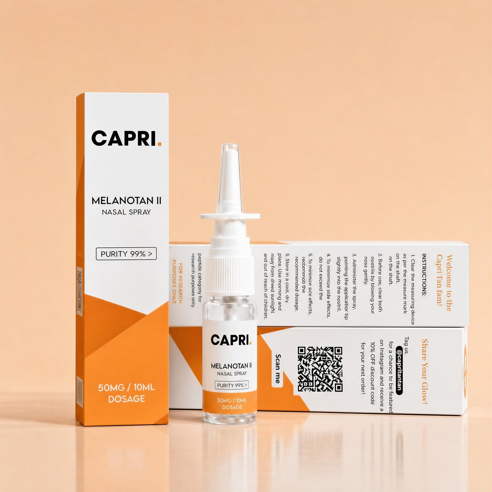 Capri flavoured saline nasal spray bottle with carton, front and instructions panel